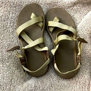 Chaco olive green with gold shimmer straps
